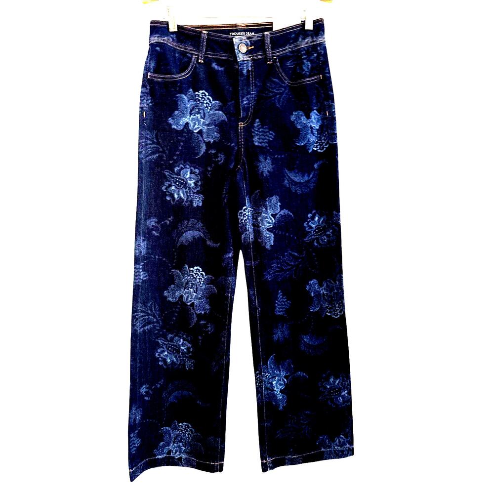 Chico's size 6/0.5 Blue Medium Wash Floral Wide Leg High Rise Trouser Jeans NWT